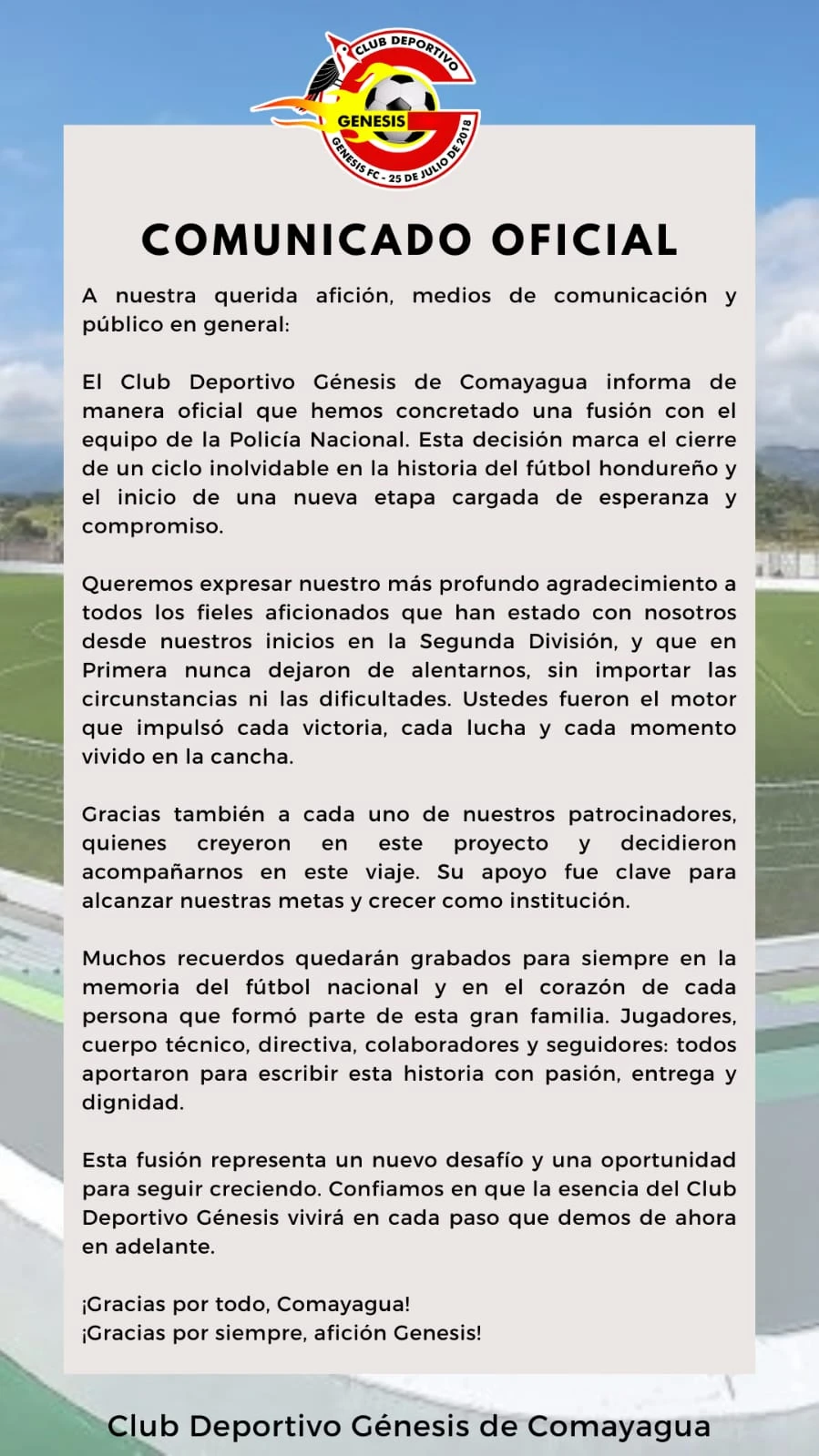Comunicado del Génesis sobre su fusión con la Policía Nacional.