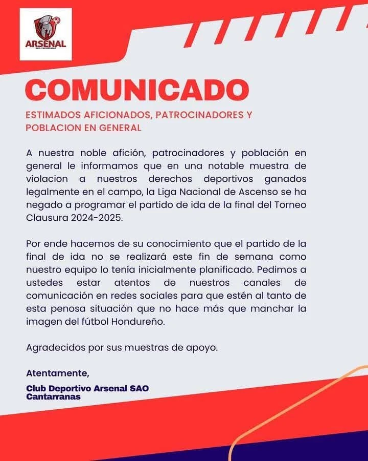 Comunicado del Arsenal SAO sobre la suspensión de la final.