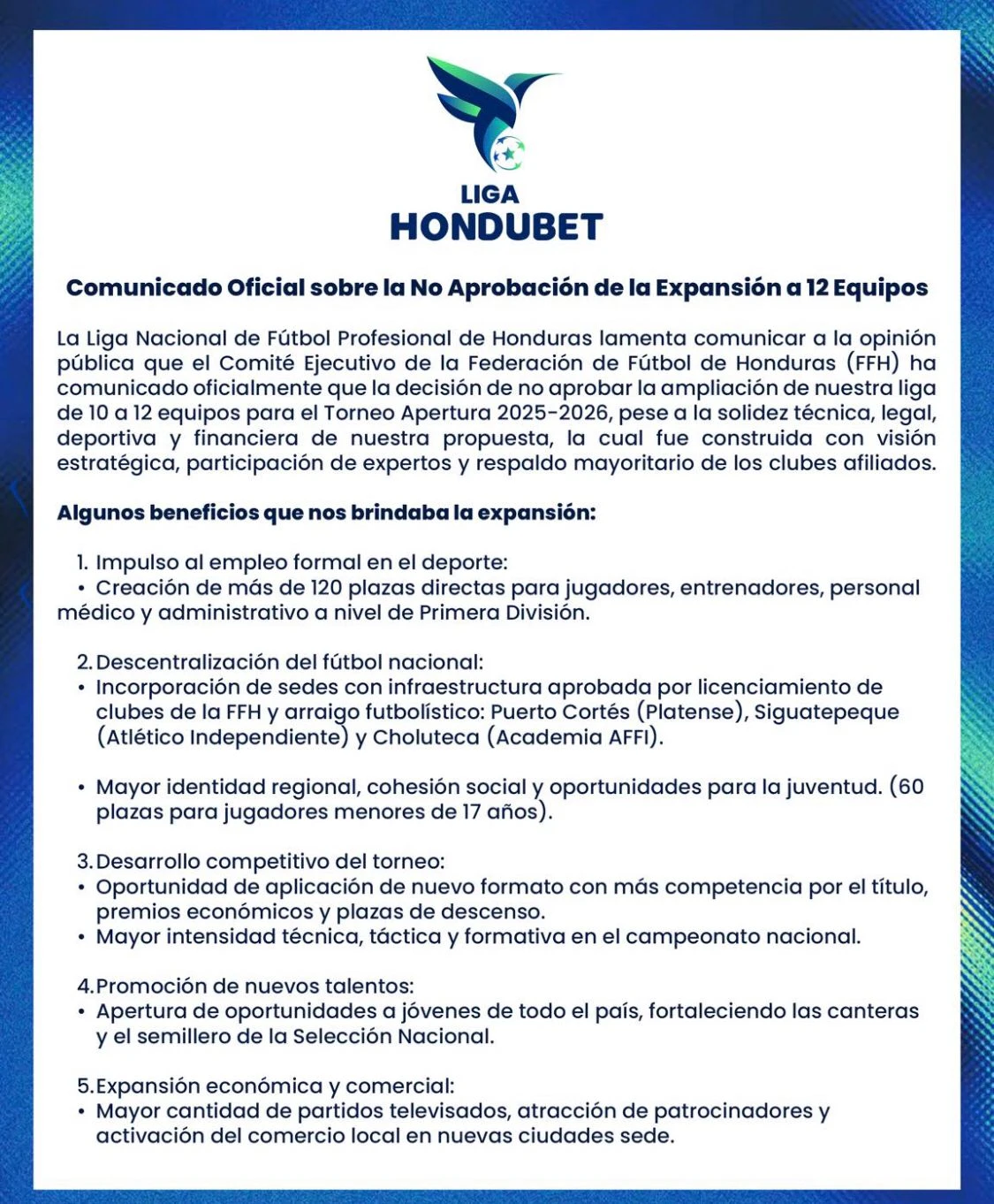 Primer parte del comunicado de la Liga Nacional Hondubet