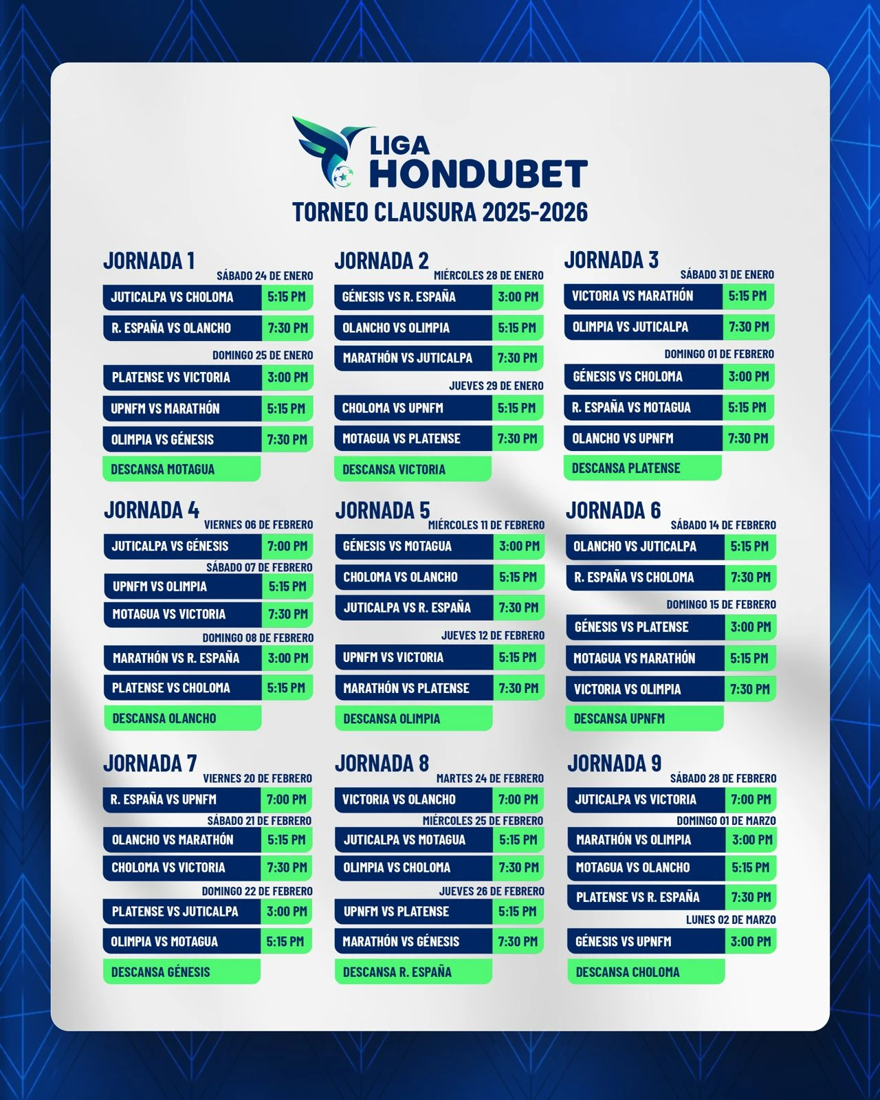 Así se jugarán las primeras 9 jornadas de la Liga Nacional